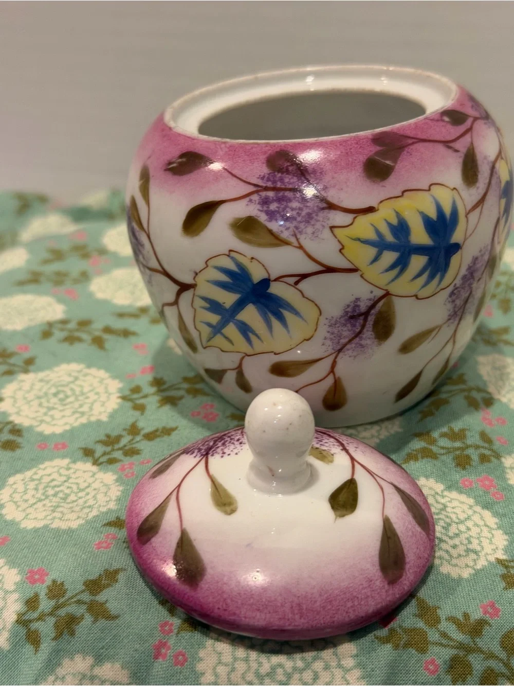 Vintage Hand Painted Porcelain  3 Pc Tea Set Tea Pot Lidded Sugar And Creamer.